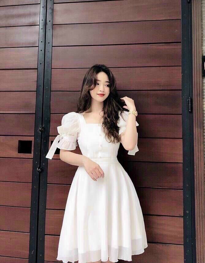 Đầm tiểu thư tay phồng, đầm xòe dễ thương, đầm đi tiệc màu trắng, đầm công chúa, váy xòe bánh bèo mặc đi chơi