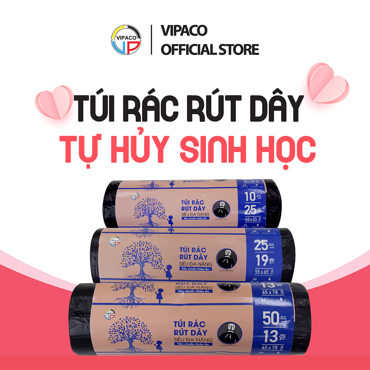 túi đựng rác có dây rút tự hủy sinh học 20-25L Vipaco