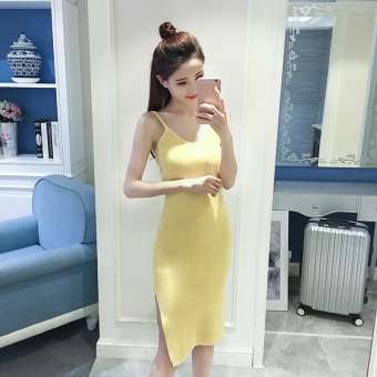 Đầm thun body 2 dây xẻ tà - ĐEN