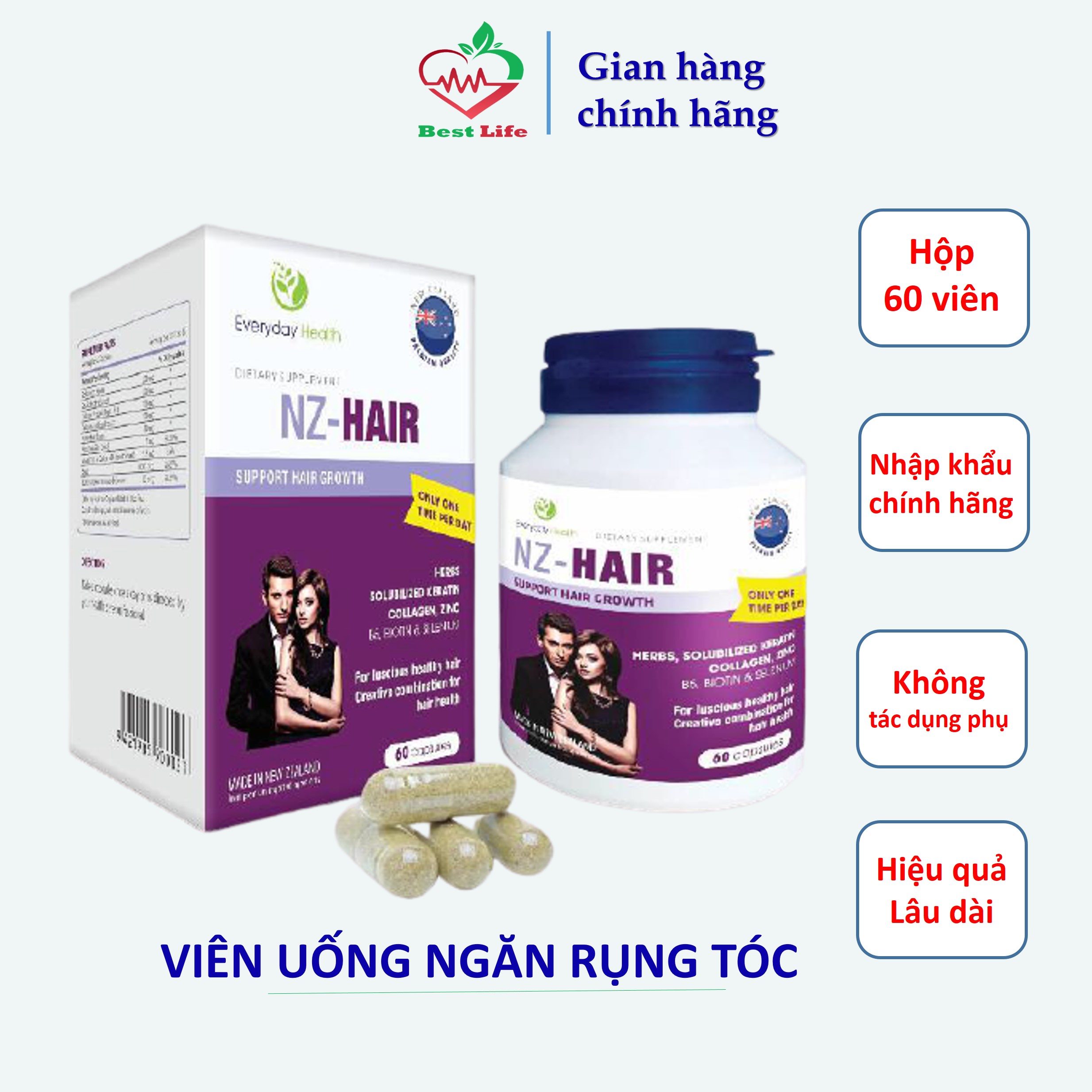 Viên uống ngăn rụng tóc kích thích mọc tóc dưỡng tóc phục hồi tóc hư tổn Everyday Health NZ - Hair hộp 60 viên