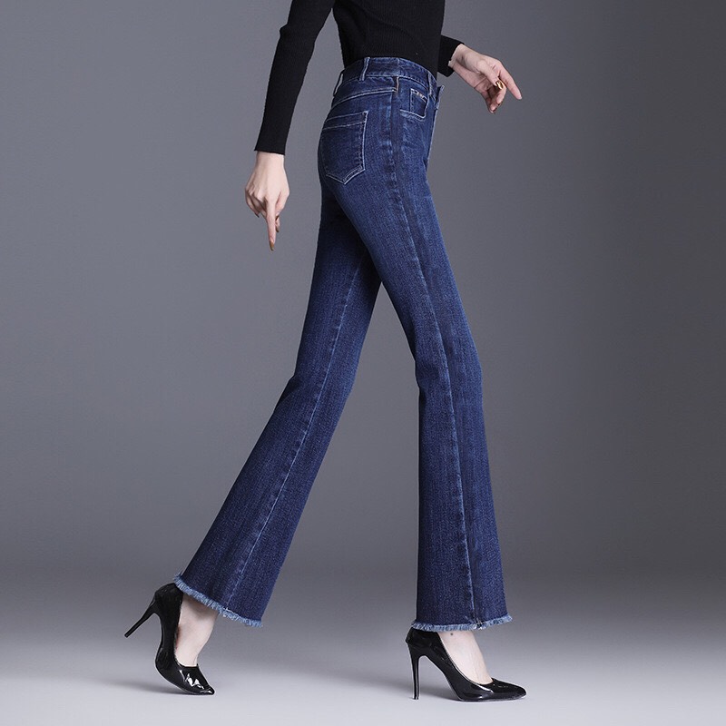 Quần jeans nữ ống loe tua lai, quần jeans nữ ống bass dài tua lai
