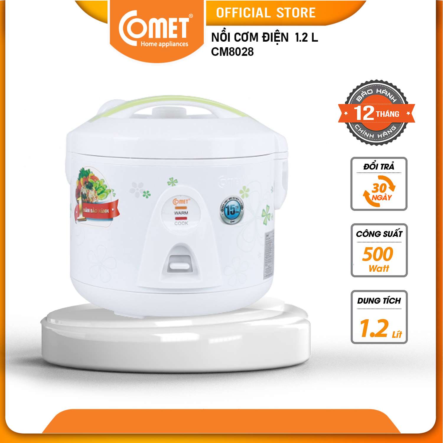 Nồi cơm điện nắp gài 1.2l comet cm8028 - trắng họa tiết, phù hợp 2 - 4 người ăn, thiết kế nhỏ gọn - hàng chính hãng - bh 12 tháng