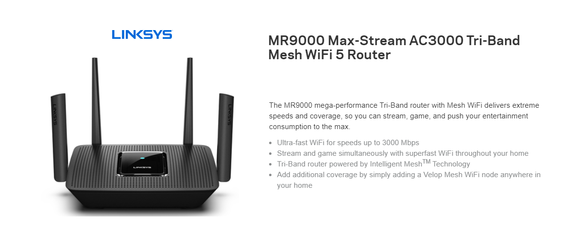 Linksys Mr9000x Max Stream Ac3000 Tri Band 400 867 1733 Mbps Mesh Wifi 5 Router Work With Velop For Ultimate Coverage Lazada Singapore