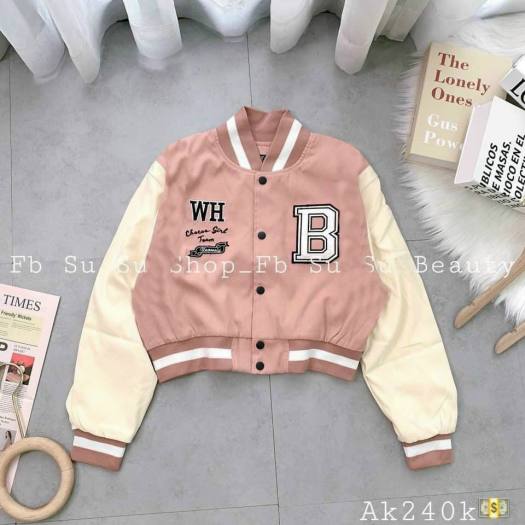 Áo Khoác Bomber Nữ, Áo Khoác Kiểu Ráng From Croptop Chất Liệu Thun Nỉ Ngoại Cao Cấp, In Phối Logo Chữ B Độc Đáo. TP