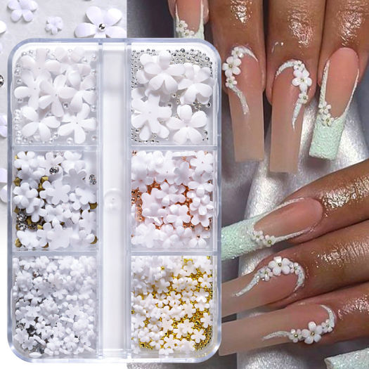 BORN PRETTY 6 Grids 3D White Acrylic Flower For Nails Resin Gold ...