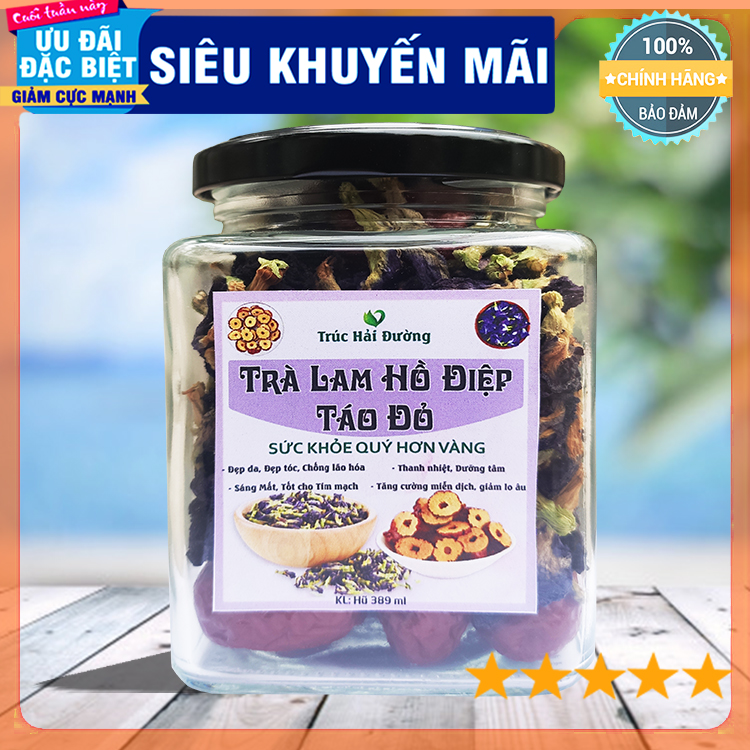 Trà hoa đậu biếc táo đỏ loại thảo mộc thượng hạng hũ 389ml để detox, thải độc, thanh nhiệt, ngủ ngon
