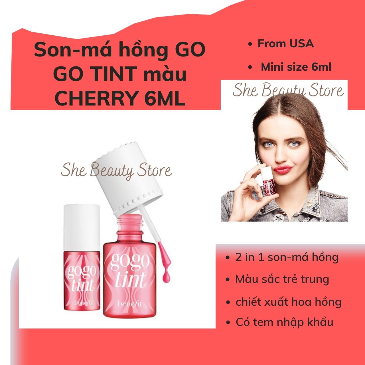 -son tint cho môi-má hồng 2 in 1 màu cherry-benefit go go tint mini size 6ml-hàng usa