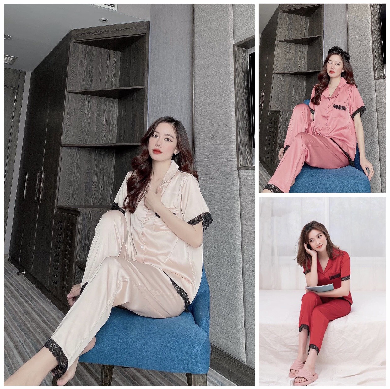 Bộ Pijama lụa trơn phối ren 💖Set tay cộc quần dài lụa satin sang chảnh mặc nhà cho các nàng💖