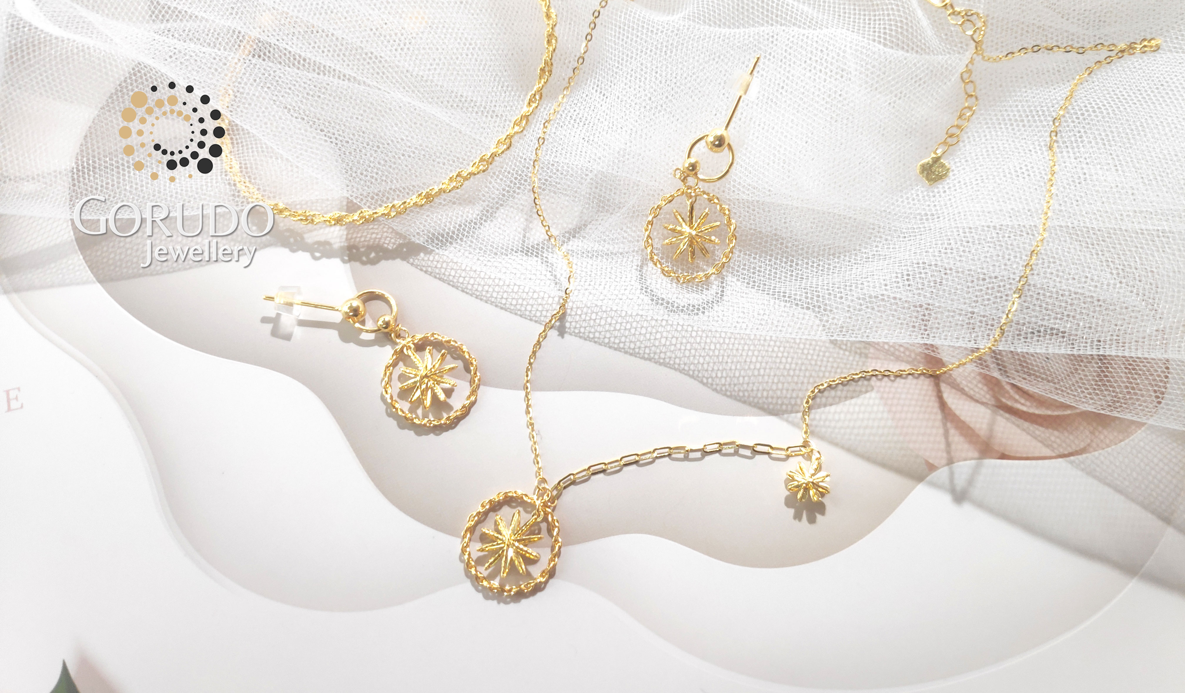 Gorudo Jewellery Pendente a stella scintillante in oro puro 999 con catena + bracciale + orecchino (set di gioielli)