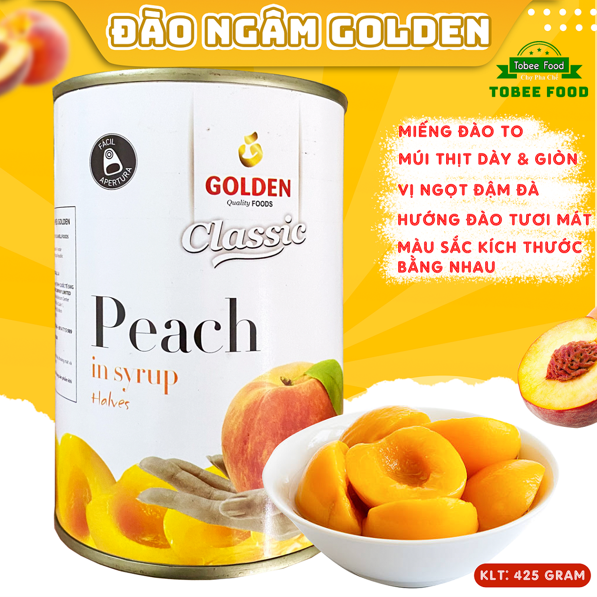 Lon Đào ngâm Golden , giòn ngon - Pha trà đào thơm ngon, Tobee Food