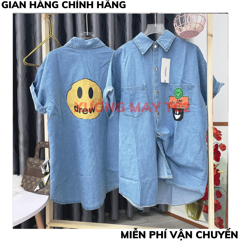 Áo sơ mi jean bò cộc tay túi logo mặt cười, sơ mi from rộng tay lỡ nam nữ UNISEX, sơ mi bò cổ bẻ phong cách hàn quốc MÂY2