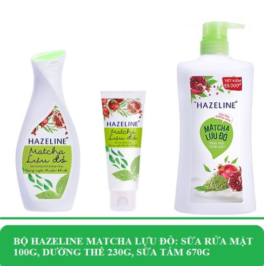 Bộ Hazeline Matcha Lựu Đỏ: Sữa Rửa Mặt 100g Sữa Dưỡng Thể 230g Sữa Tắm 670g