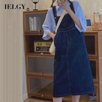 IELGY Đầm Hai Dây Denim Màu Xanh Đậm Retro Cho Nữ