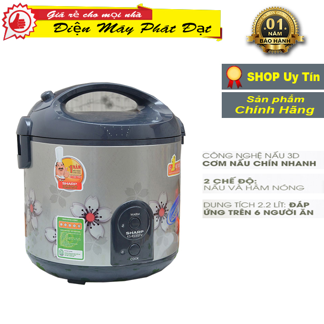 Nồi cơm điện Sharp 2.2 lít KS-R231STV hàng chính hãng 100% sản phẩm là hàng trưng bầy như mới có bảo hành chính hãng oại nồi:  Nồi cơm nắp gài Dung tích:  2.2 lít, Số người ăn Trên 6 người Công suất:  800 W Lòng nồi dày:  1.179 mmHợp kim nhôm phủ chống dí