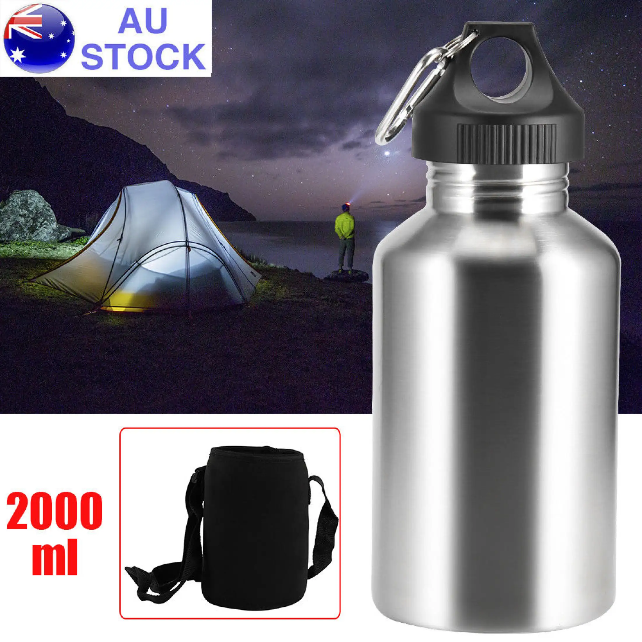 2L Silver Stainless Steel Large Mouth Water Drink Bottle Kettle Cycling