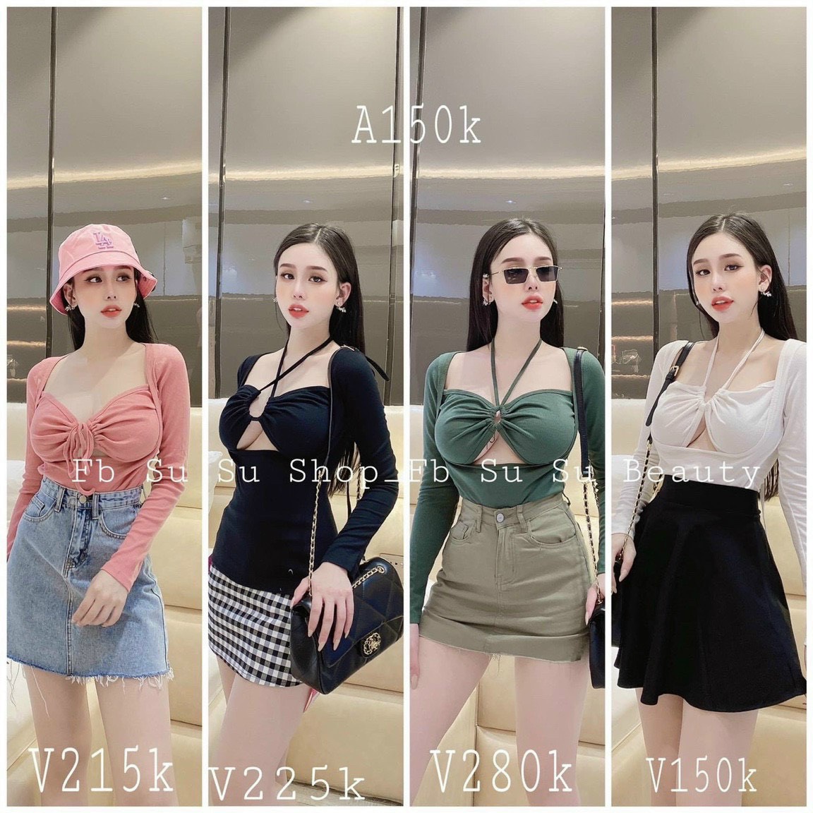 Áo kiểu dài tay chất thun gân khoét hở ngực buộc dây đeo cổ thl
