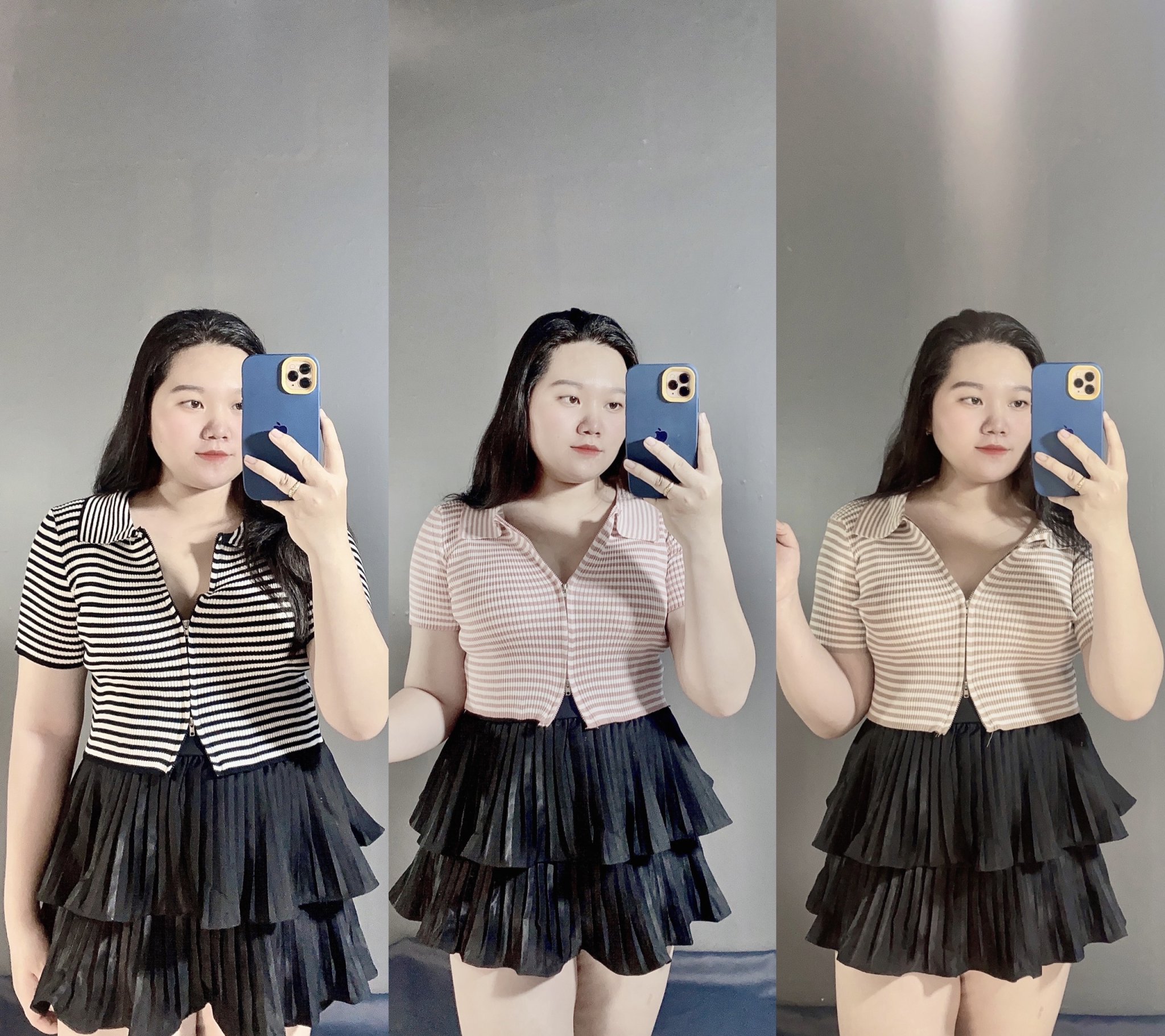 Áo thun croptop kẻ sọc khoá kéo ôm body bigsize