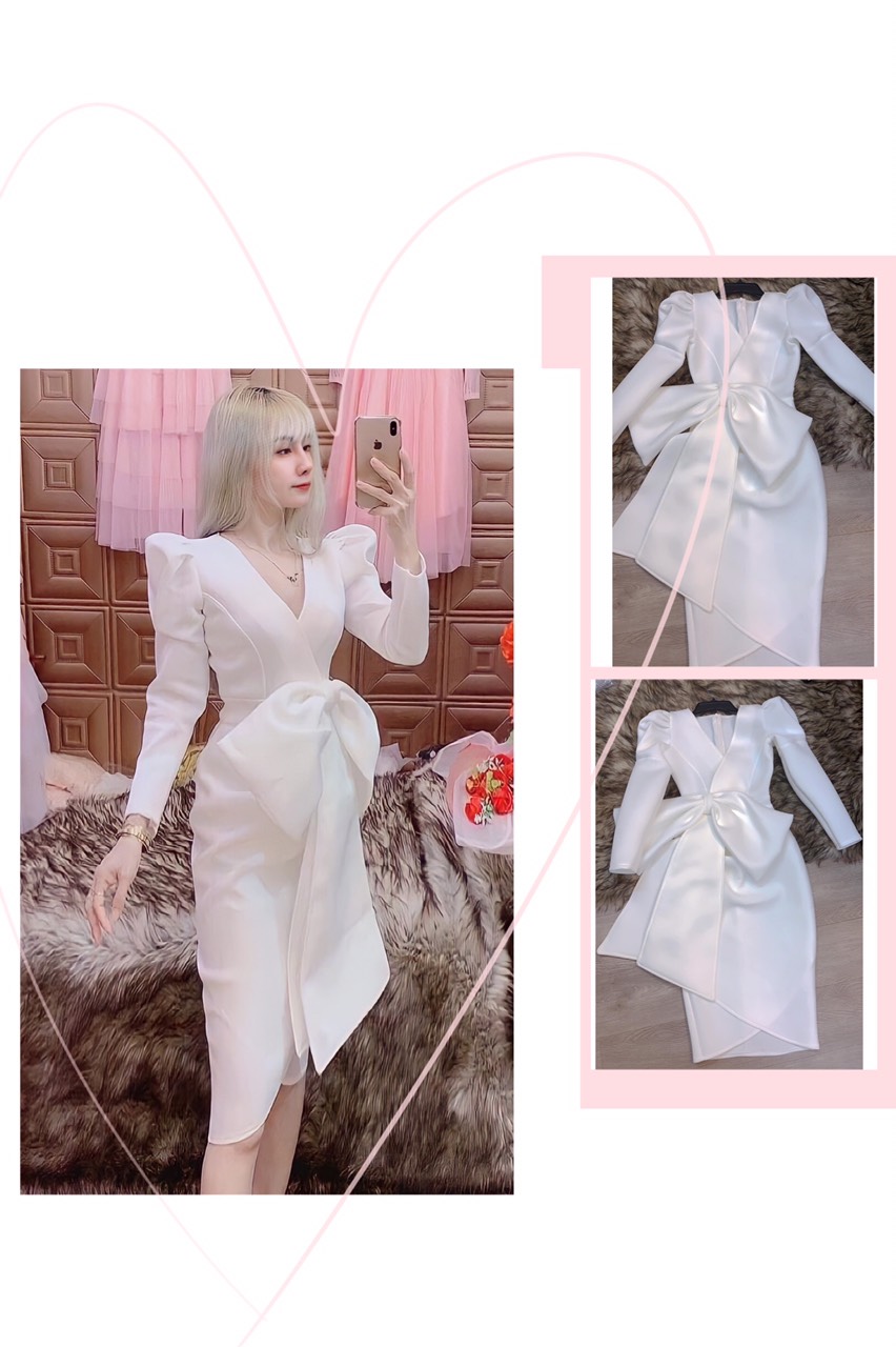 Đầm ôm tay phồng nơ eo