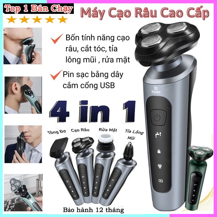 Máy cạo râu 9d shaver 4in1 đa chức năng tông đơ, cạo râu, tỉa lông, massage rửa mặt cao cấp, máy cạo râu đa năng , máy cạo râu nam khô 3 lưỡi cạo siêu sạch chính hãng