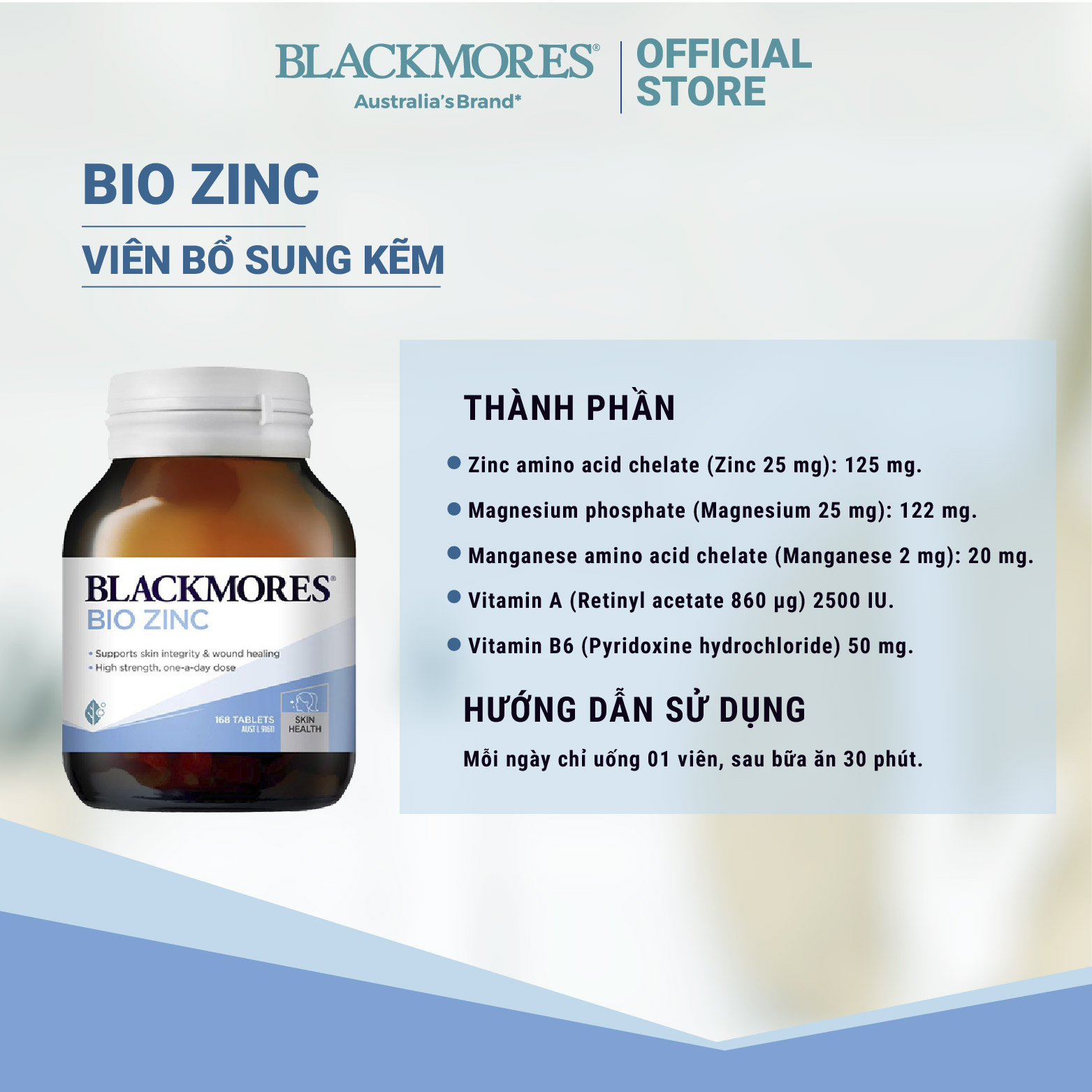 Viên uống bổ sung kẽm Blackmores Bio Zinc Úc 168 viên hỗ trợ điều trị mụn nội tiết, làm lành vết thương