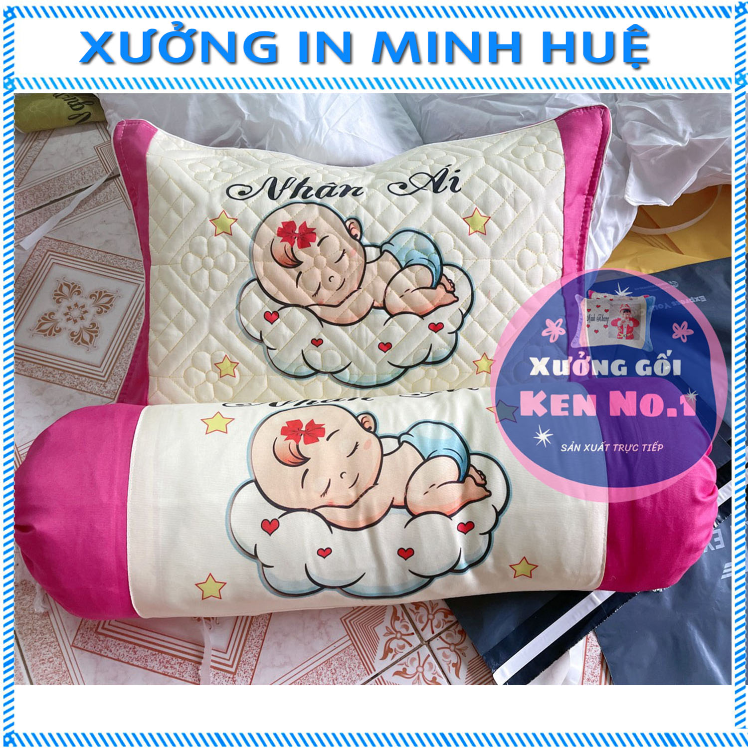 Combo gối ôm và gối đầu nằm ngủ cho bé mầm non có ruột in hình babay tên theo ý khách màu hồng