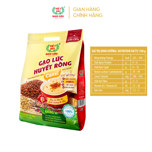 Bột ngũ cốc Gạo lức huyết rồng Canxi Việt Đài túi 450g
