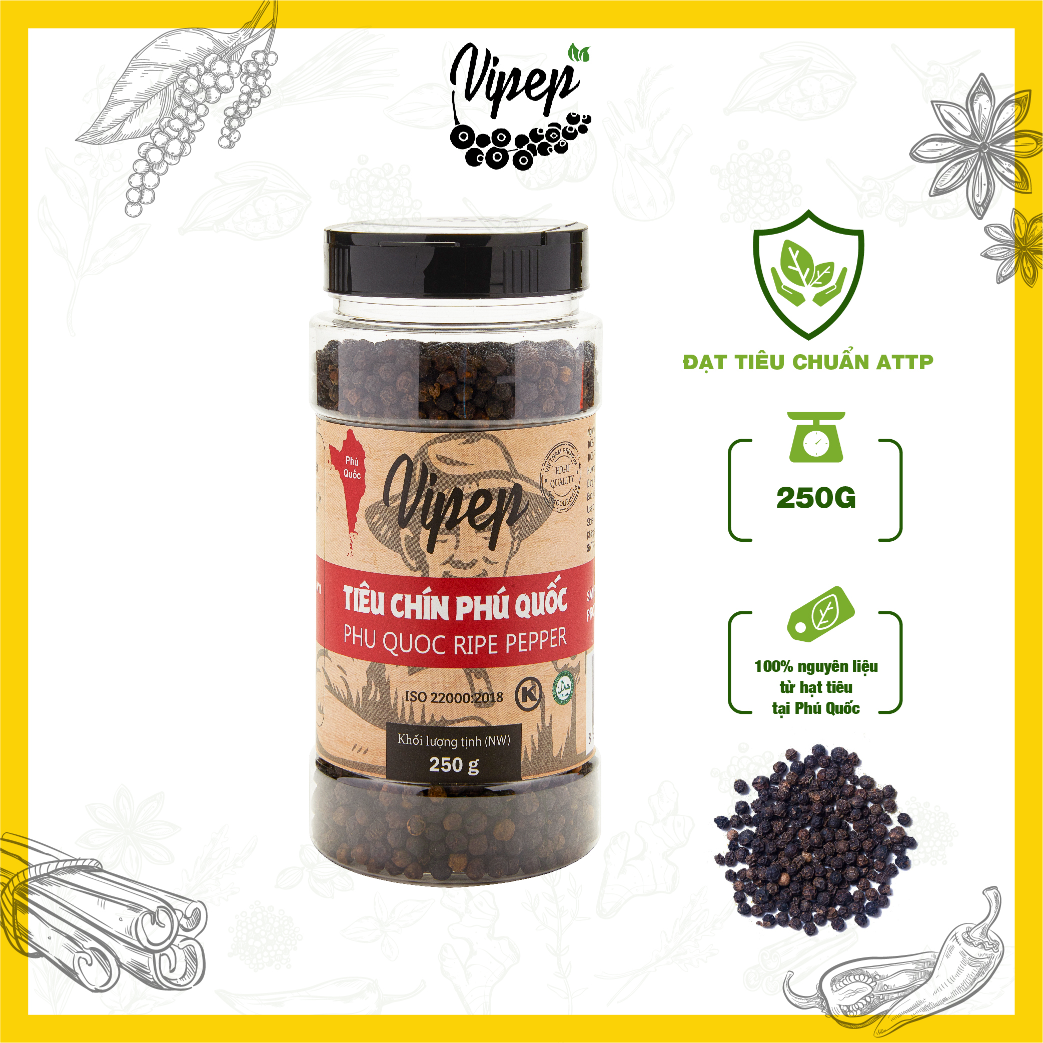 Tiêu chín đỏ Phú Quốc Vipep, hạt tiêu to tự nhiên, gia vị nêm ướp, nấu canh, giải cảm, giảm chướng bụng hũ 250g