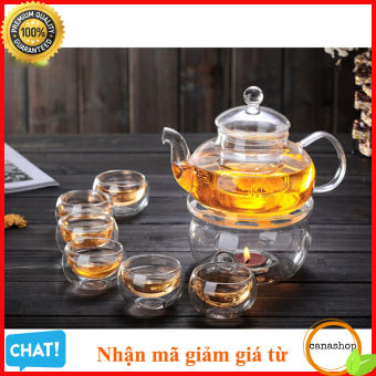 Ấm trà thủy tinh có lõi lọc , Bộ ấm trà chịu nhiệt đun trên bếp ga, bếp điện , Ấm pha trà hoa cúc , trà mạn + Tặng Bộ tách trà , đế nến - Canashop