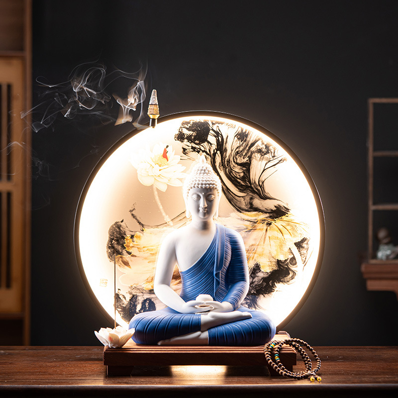 Bộ kệ và đèn led có tranh Thích Ca Mâu Ni gốm Đức Hóa cao cấp - Tượng Phật, tượng Phong thủy