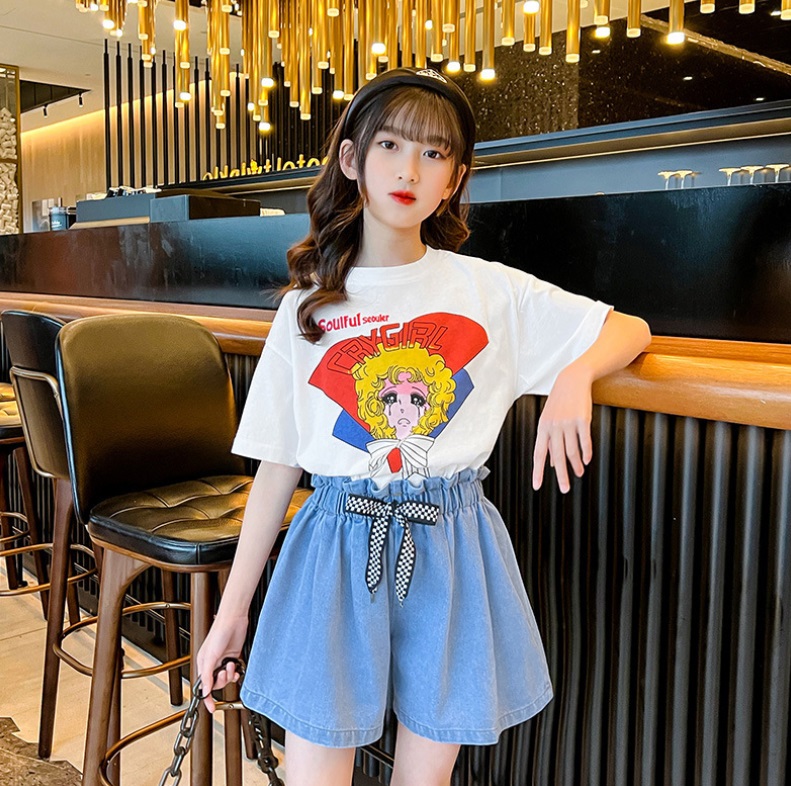 Bộ quần áo trẻ em mùa hè, quần áo bé gái cỡ lớn, áo phông quần short jean ống rộng 27 đến 50kg M2237