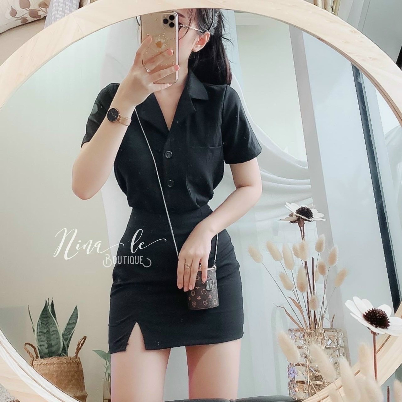 Set áo cổ vest + Chân váy xẻ - Rossy Fashion