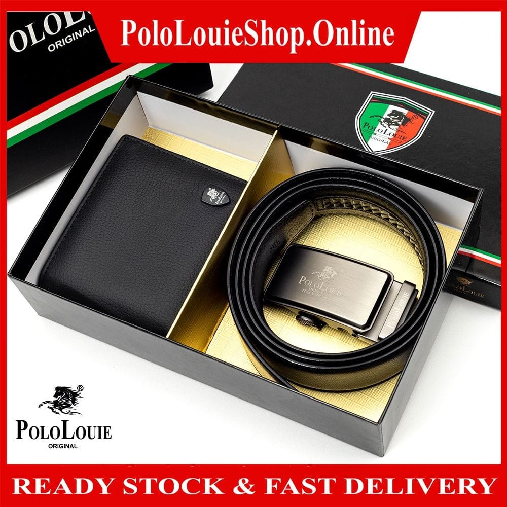 [Gift Box] Original Polo Louie Mens Premium Bundle Gift Set Genuine Cow Leather Wallet Automatic Buckle Belt Gift Bag
