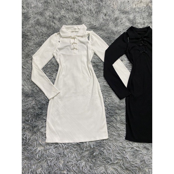 Set đầm body cổ bẻ gài nút kiểu tàu hở lưng sexy kèm áo khoác mini