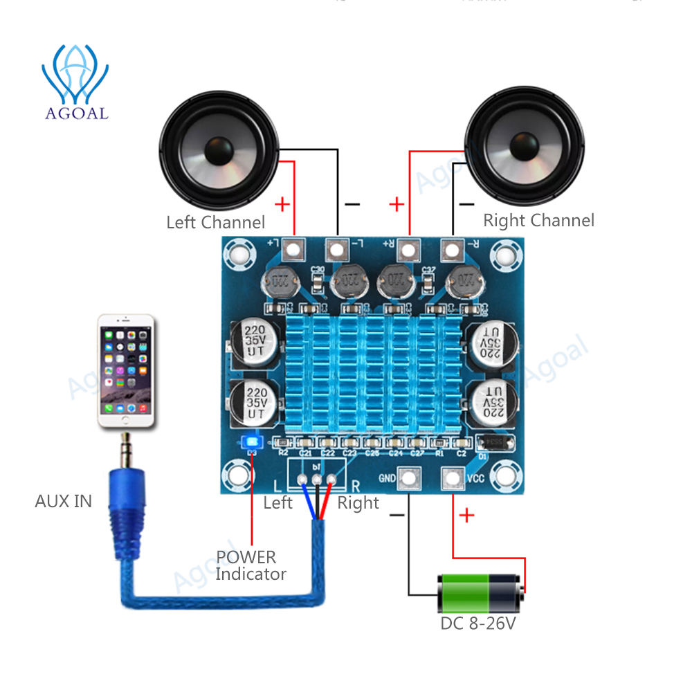 Bảng mạch khuếch đại công suất âm thanh kỹ thuật số hd xh-a232 mô-đun khuếch đại mp3 bảng mạch khuếch đại 8-26v 3a kênh đôi 30w + 30w