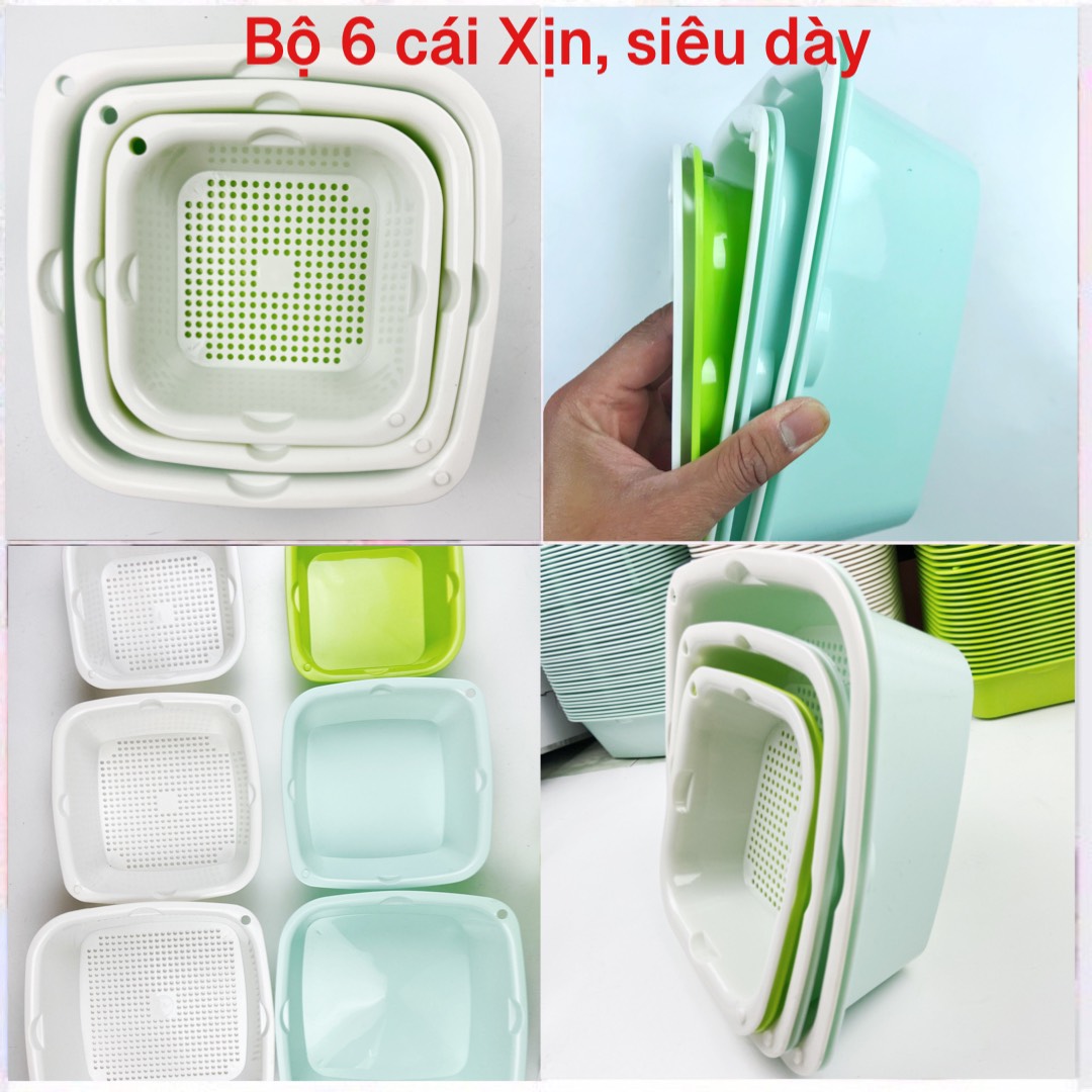 Bộ Rổ nhựa 6 món xịn chất lượng, thau rổ nhựa vuông nhựa an toàn dày (Giá Sỉ), rổ nhựa chữ nhật Kho Sỉ ViVi