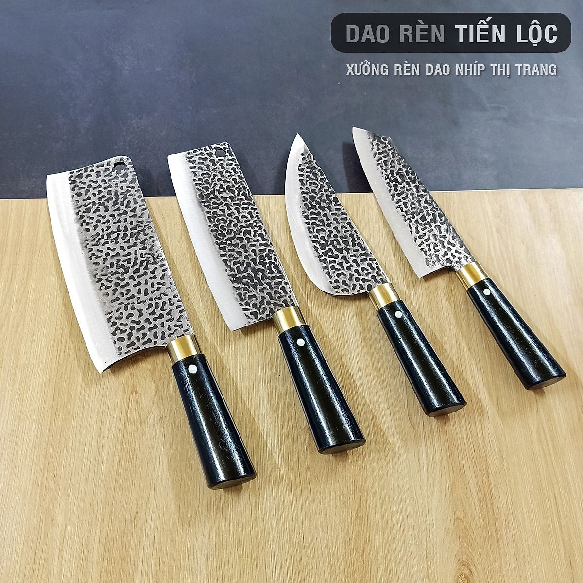 Bộ 4 dao bếp cán gỗ mun rèn thủ công bằng nhíp ô tô ,  Làng Nghề Rèn Phúc Sen c45