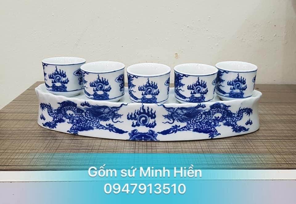 Bộ kỷ 5 chén thờ vẽ rồng men lam