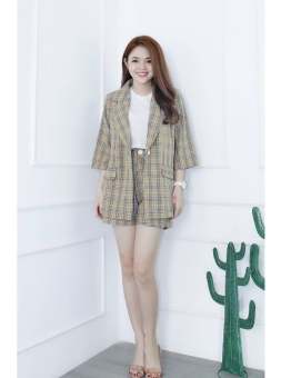 Set áo khoác vest blazer nữ kẻ ô và quần sooc