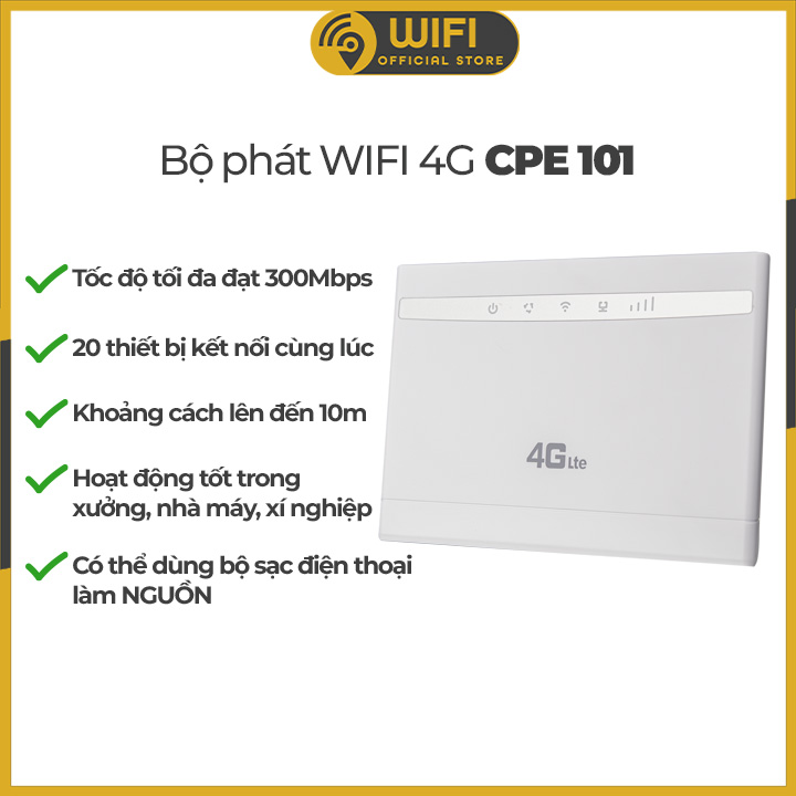 Bộ Phát Wifi 4G CPE 101 CPE101 cắm điện trực tiếp tốc độ  300Mbps và upload tối đa 50Mbps giá rẻ phù hợp dùng cho gia đình, camera, oto
