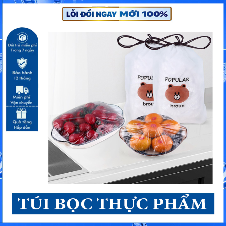 Sét 100 chiếc màng bọc thực phẩm bo chun, màng pe an toàn với thực phẩm, tặng kèm túi đựng hình gấu