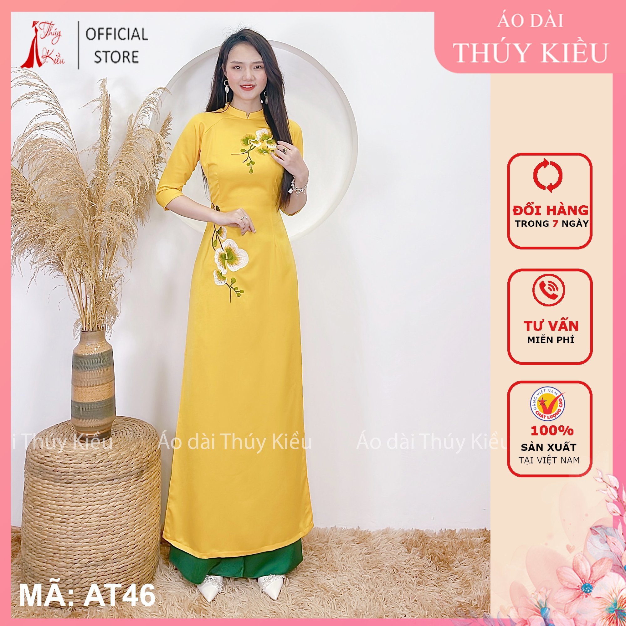 Áo dài lụa Tây Thy nền vàng thêu hoa lan AT46 mềm mại, co giãn, áo dài giá rẻ