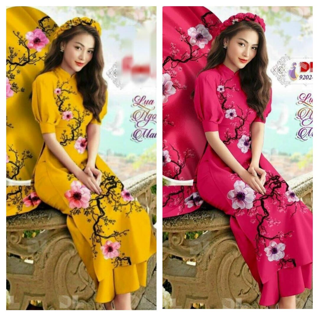 Set áo dài cách tân lụa trơn phối hoa nổi 3d dáng dài có size to ngoctranshop - nt2117