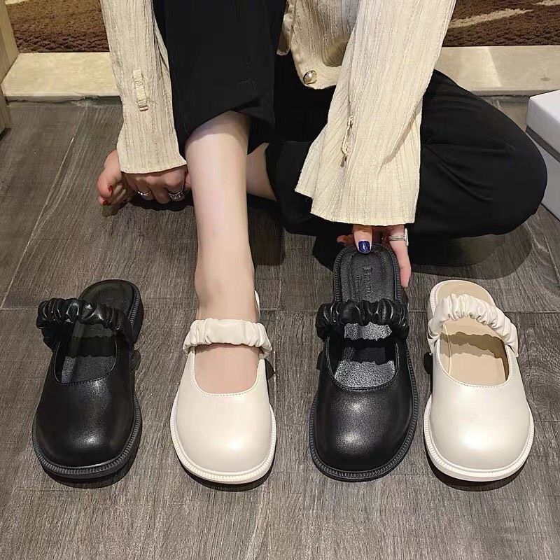 Dép sục Lolita mũi tròn, sục nữ da lì dây chun gót 3f cực đẹp