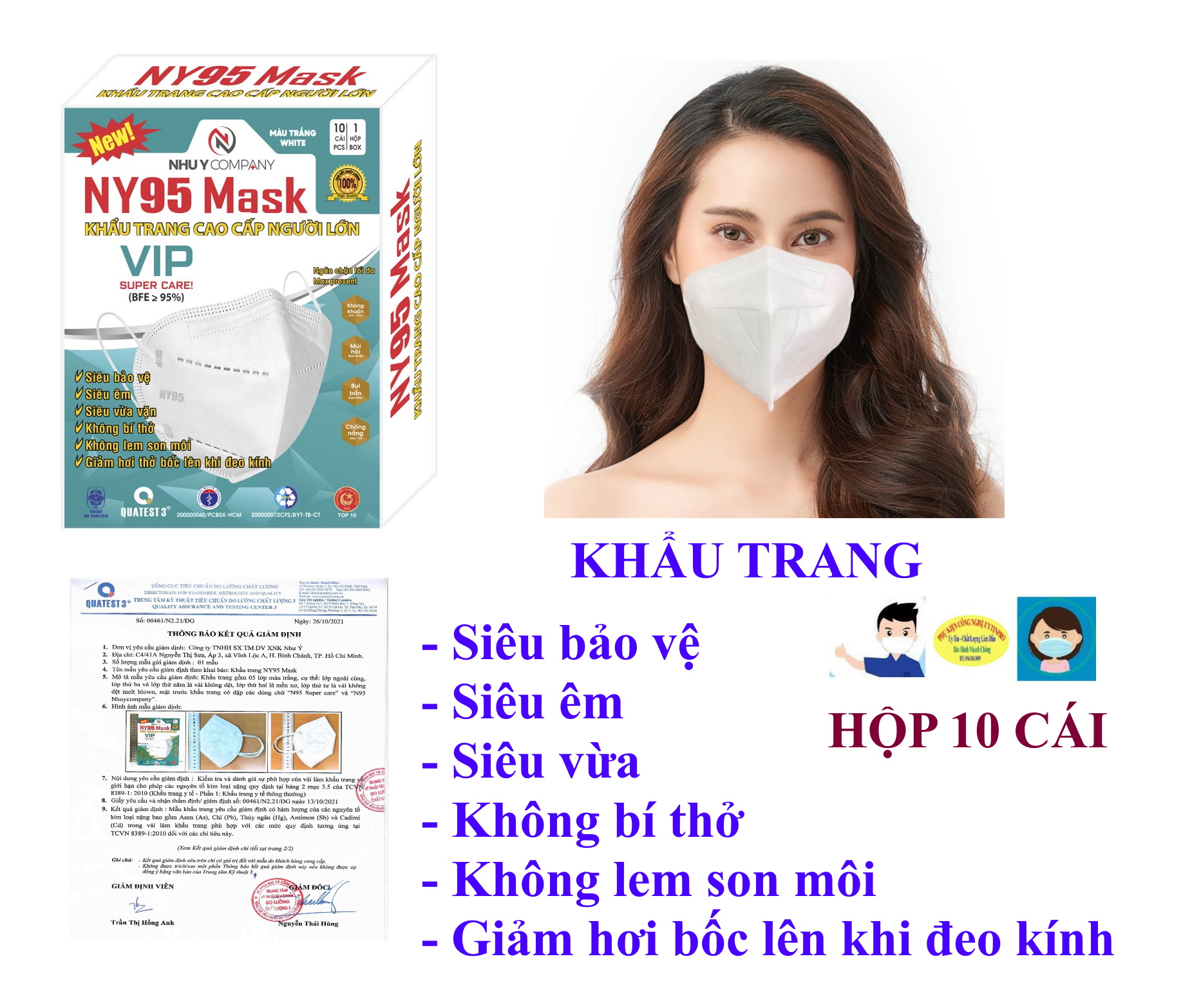 Hộp 10 cái Khẩu trang cao cấp người lớn NY95 Mask Sx tại cty Như Ý, Siêu bảo vệ, Kháng khuẩn, Chống bụi bẩn, Chống tiaUV