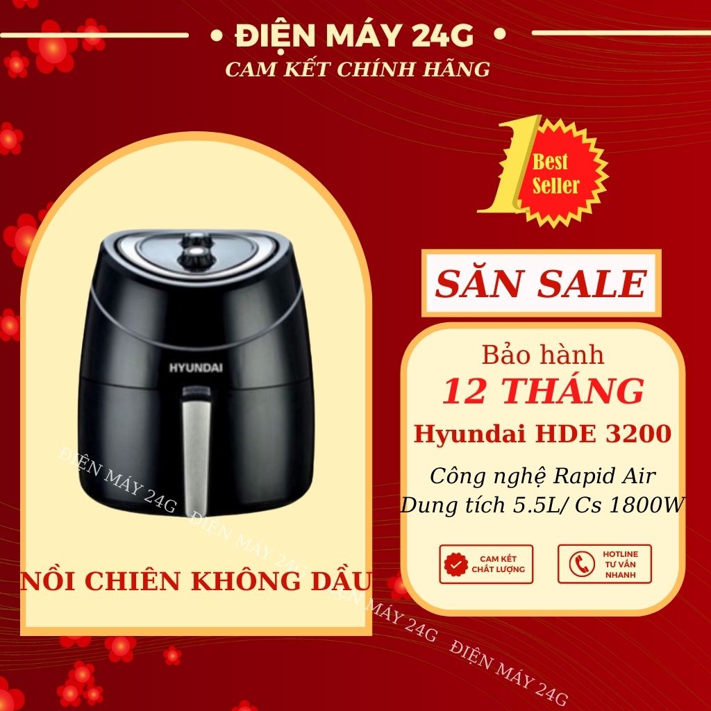 Nồi chiên không dầu Hyundai 5,5 lít công nghệ Hàn Quốc tản nhiệt làm chín nhanh thức ăn giảm béo hàng chính hãng bảo hành 12 tháng