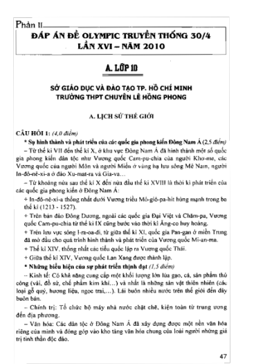 TỔNG TẬP ĐỀ THI OLYMPIC 30 THÁNG 4 MÔN LỊCH SỬ LỚP 10 (TỪ NĂM 2014 ĐẾN NĂM 2018)