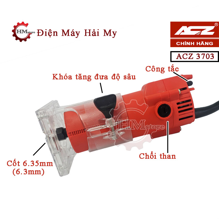 Máy phay gỗ cầm tay 6.35mm ACZ 3703, công suất 350w - Máy soi mộng, máy phay gỗ, máy soi gỗ acz, soi alu - Vòng tua 30.000 vòng/phút - Bảo hành 6 tháng - HẢI MY STORE
