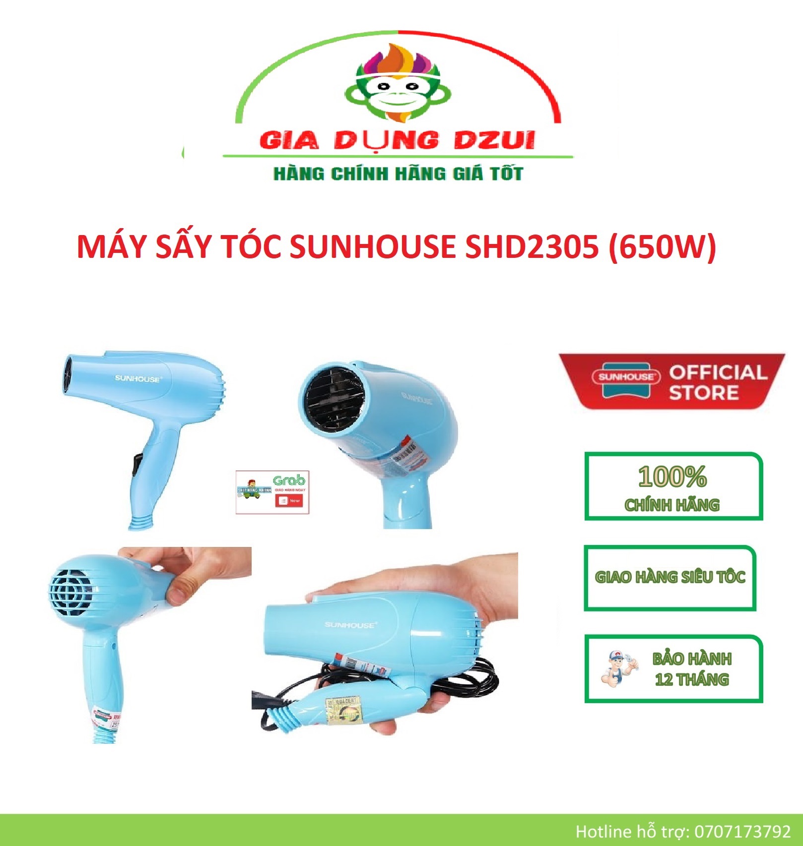 Shd2305 – máy sấy tóc sunhouse 650w – bảo hành chính hãng 12 tháng