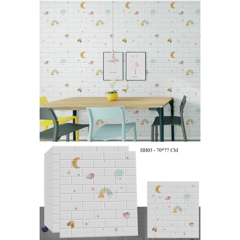10 tấm xốp dán tường gạch thẻ hoạt hình cầu vồng, kích thước 70x77 cm, mặt sau có sẵn keo siêu dính