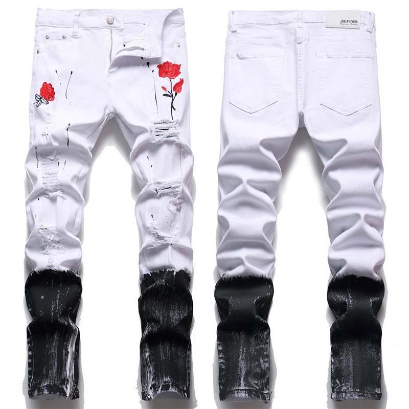 Quần Jean Nam 2022 Co Giãn Rách Bó Sát Thêu Hoa Hồng Cho Nam Quần Denim Ôm Sát Rách Lỗ Quần Jean Trắ